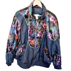 Vtg 80s Retro Aesthetic Windbreaker L | Bold Color Block Black Velvet Paisley